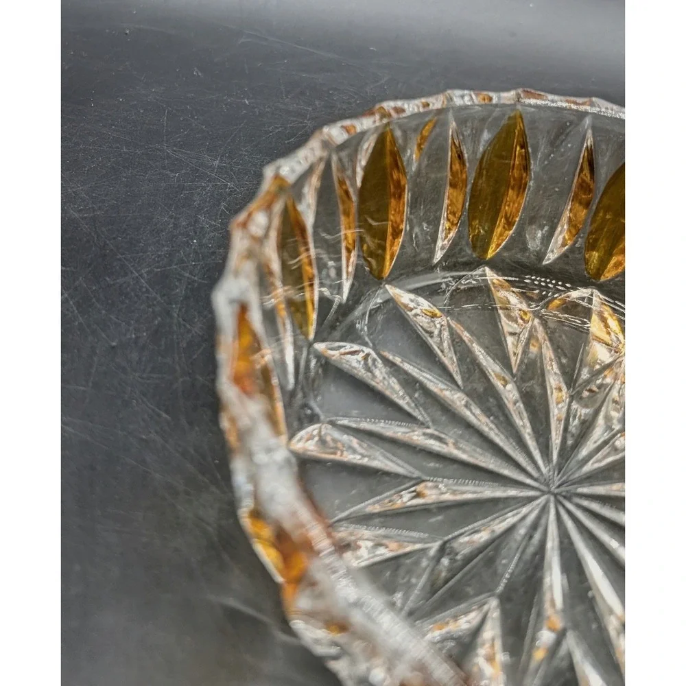 Vintage Amber Flash Cut Crystal Candy Bowl Starburst Base Scalloped Nut Dish MCM
